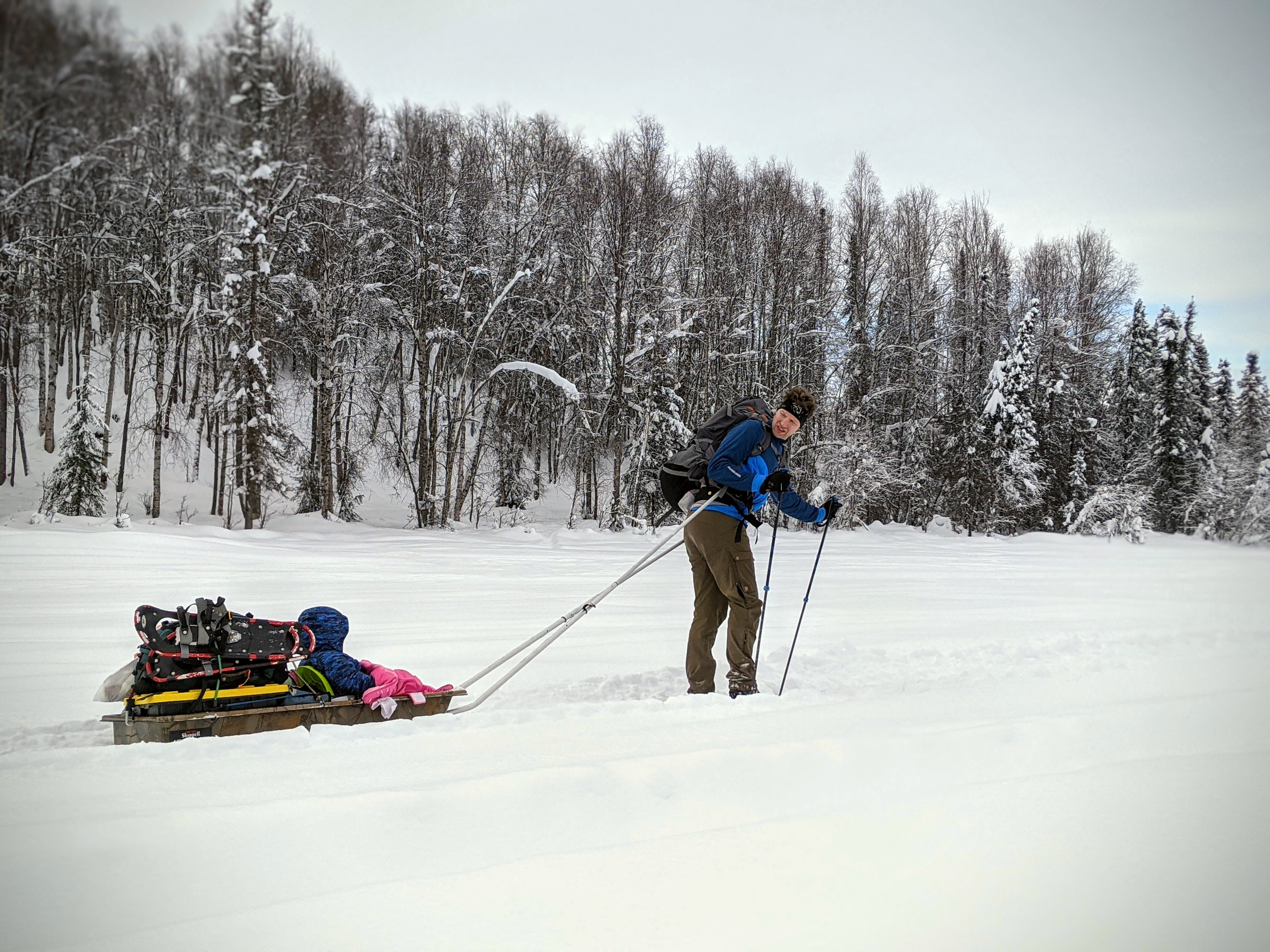 Skiing at Nancy Lake with sled trailer