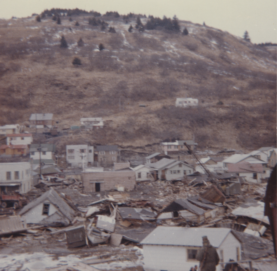 Wreckage of homes on Kodiak following the Great 1964 Earthquake and Tsunami, courtesy of the Kodi-ak Historical Society.
