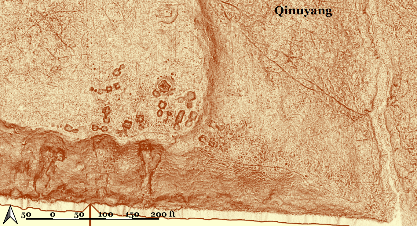 LiDAR image of Qinuyang. Note that the sod houses, Men's house, and other features are near the edge of the terrace, while the Russian Orthodox chapel remains (shaped like a square with a dot in the middle near the top of the image) is separated from the village. Courtesy of Monty Rogers.