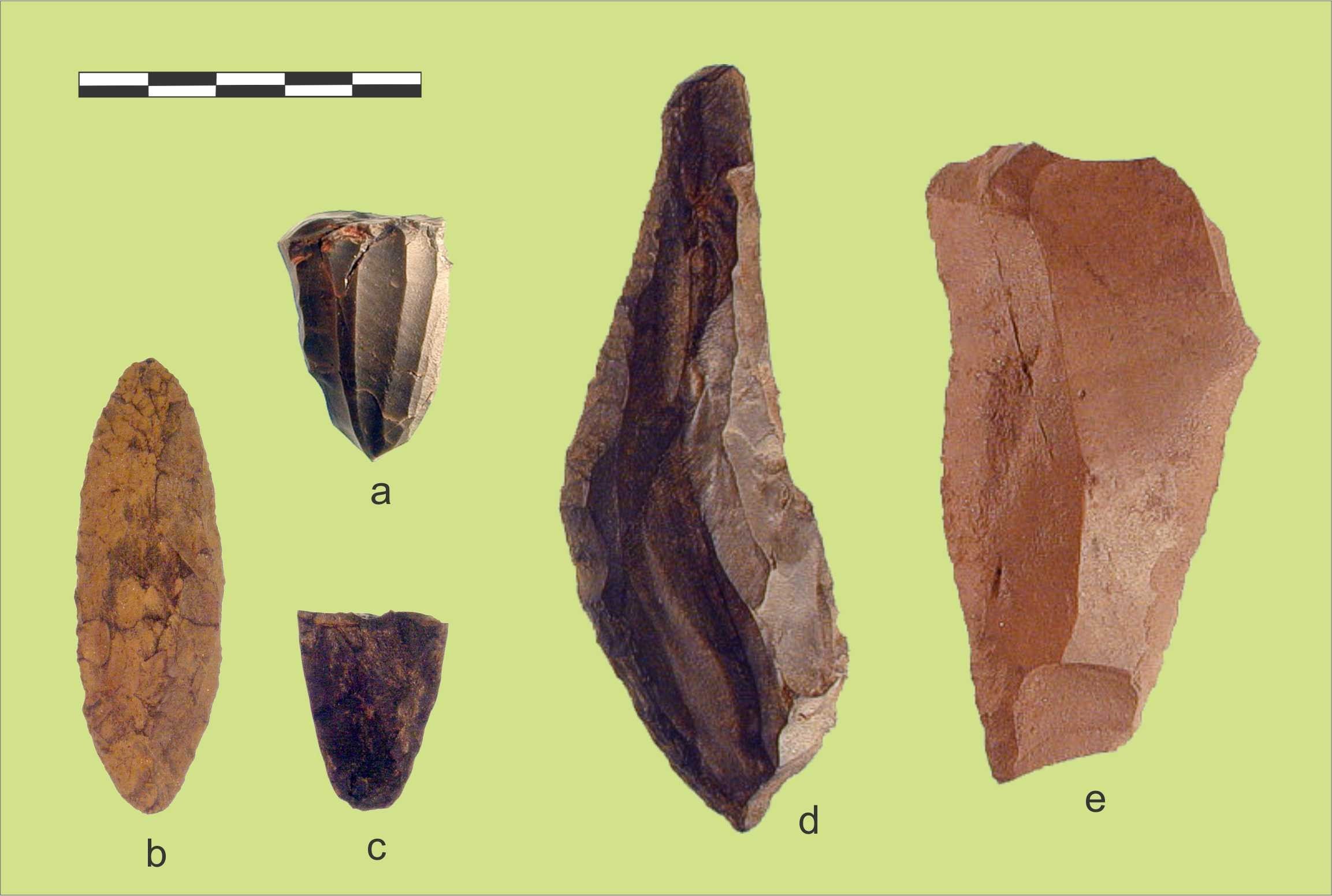 Swan Point Cultural Zone 2 artifacts: a. sub-conical microblade core; b. lanceolate biface; c. lanceolate point base fragment; d., e. side scrapers.