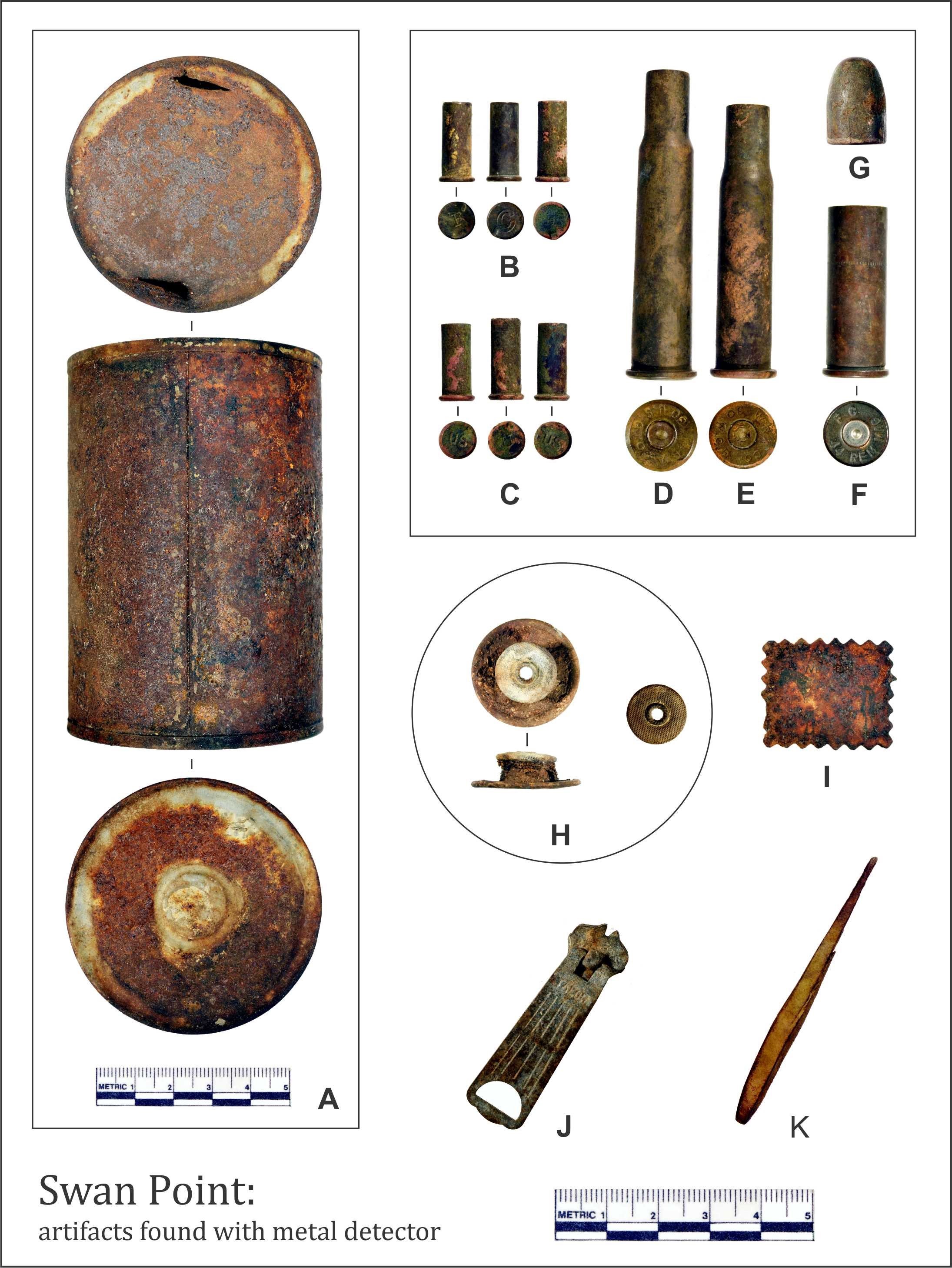Examples of Swan Point metal artifacts: A. condensed milk can; B. .22 cal. (head stamps “F, C, H”); C. .22 cal. (head stamps “US, U, US”): D. .30-40 Krag (head stamp “W.R.A. Co. 30 U.S.G.”); E. .30 cal. (head stamp “W.R.A. Co. 30 W.C.F.”); E. .44 cal (head stamp “F C 44 REM MAG”); G. .44 cal bullet; H. grommet fasteners; I. tobacco tag, race horse logo; J. zipper pull, “TALON;” K. copper awl.