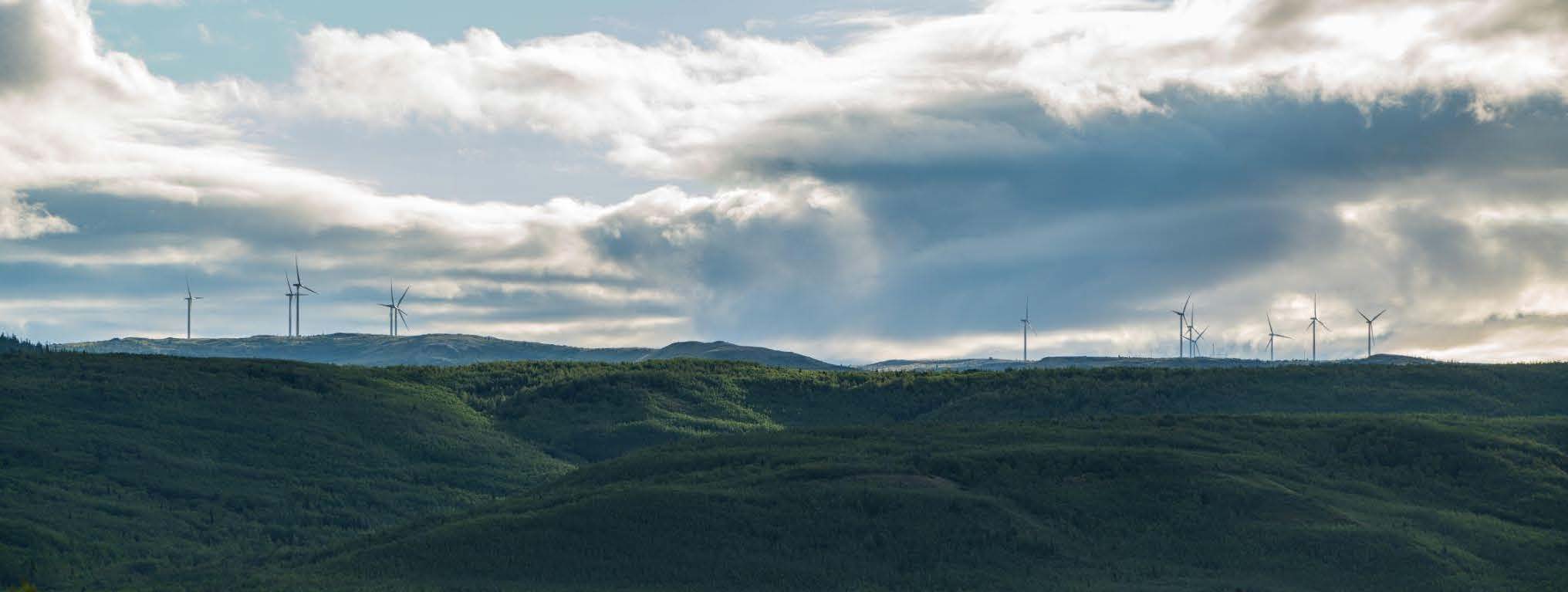 Wide shot of ten wind turbines spread out in the Eva Creek area. 
        Photo by AK Renewables, decorative.