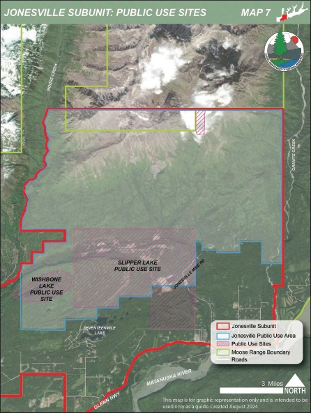 A map of the Jonesville Public Use Area and other parts of the Matanuska Valley Moose Range that are in-scope for the regulation changes.