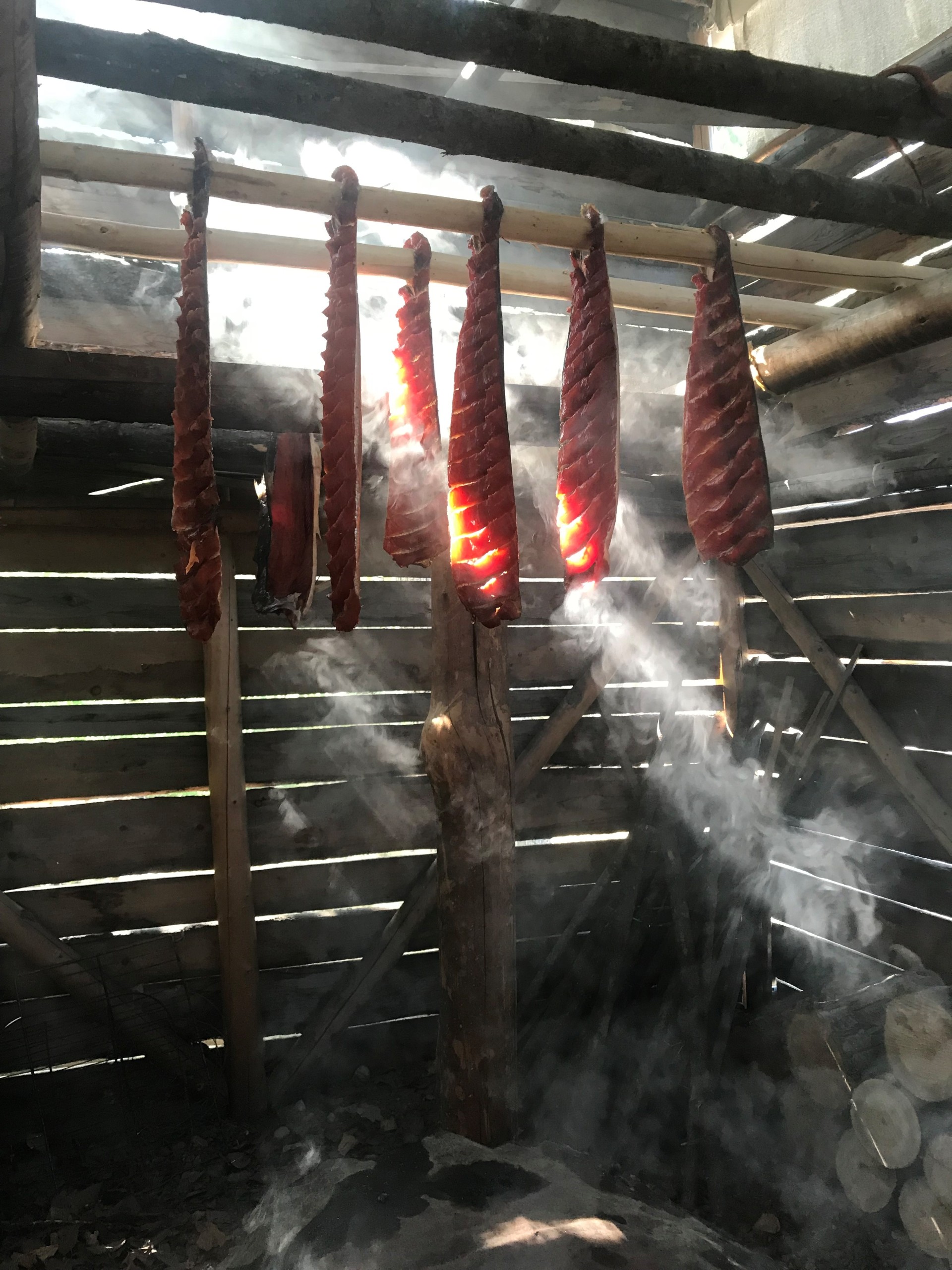 Salmon filets hanging off a rod in a smoky smokehouse. Decorative.