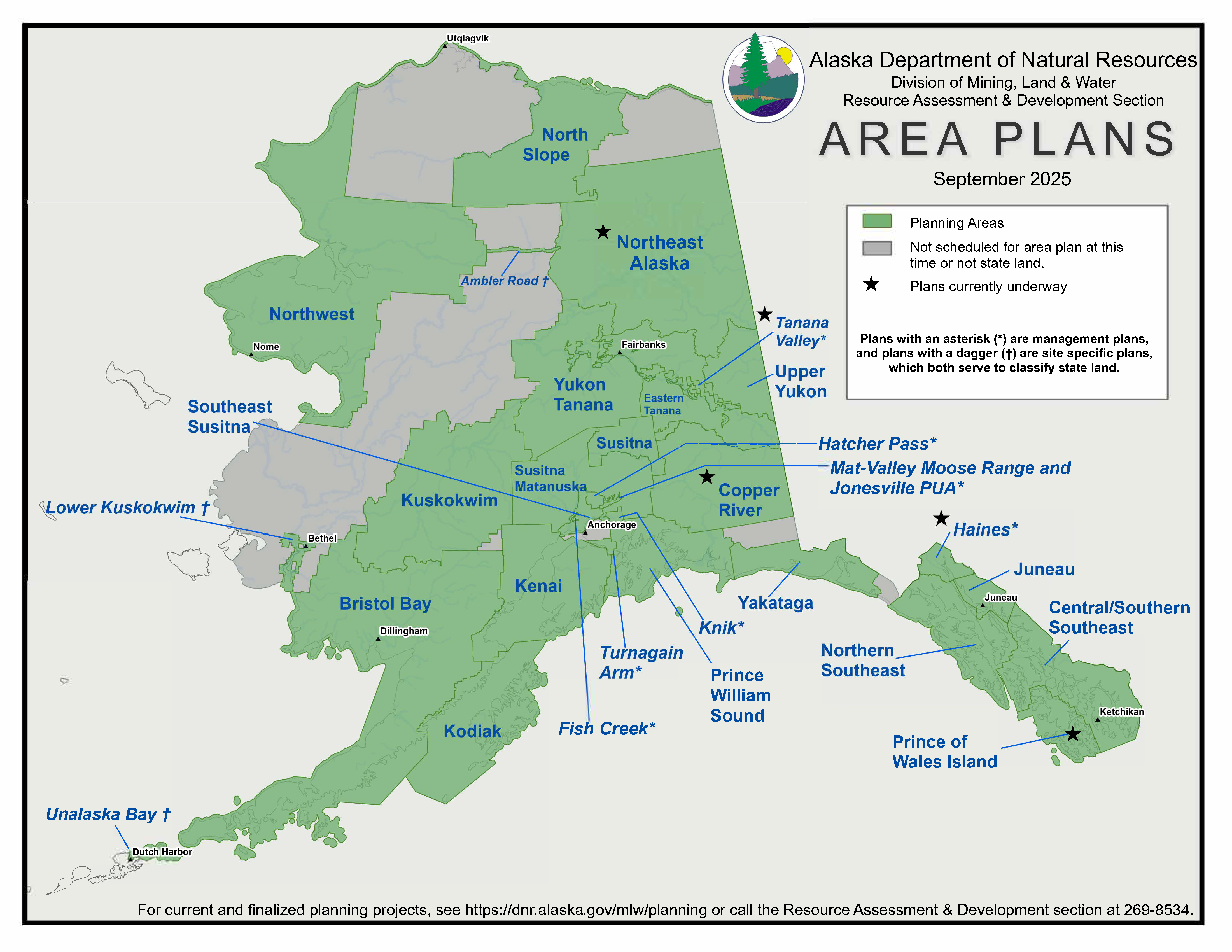 A map of Alaska, marking all current and in-progress area plans, management plans, and site-specific plans.