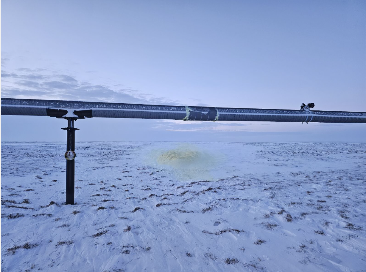 2025 Point Thomson Export Pipeline leak showing yellow liquid natural gas condensate on snow. Photo from Harvest Alaska.