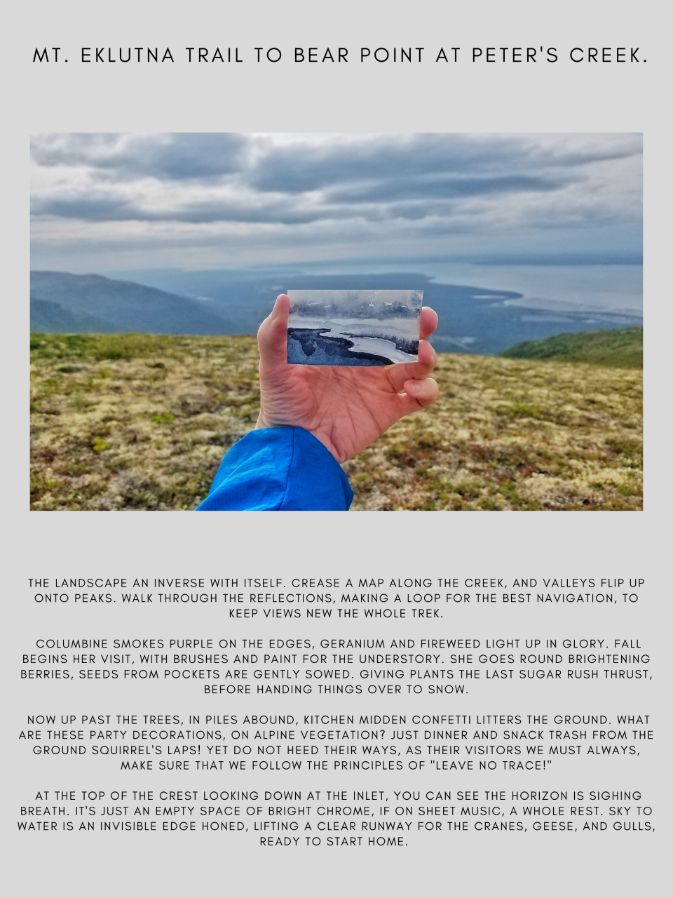 The landscape an inverse with itself.
Crease a map along the creek, and valleys flip up onto peaks.
Walk through the reflections, making a loop for the best navigation, to keep views new the whole trek.

Columbine smokes purple on the edges, geranium and fireweed light up in glory.
Fall begins her visit, with brushes and paint for the understory.
She goes round brightening berries, seeds from pockets are gently sowed. 
Giving plants the last sugar rush thrust, before handing things over to snow.

Now up past the trees, in piles abound, kitchen midden confetti litters the ground.
What are these party decorations, on alpine vegetation? Just dinner and snack trash from the ground squirrel's laps!
Yet do not heed their ways, as their visitors we must always, make sure that we follow the principles of 'Leave No Trace!'
					  
					 

At the top of the crest looking down at the inlet, you can see the horizon is sighing breath.
It's just an empty space of bright chrome, if on sheet music, a whole rest.
Sky to water is an invisible edge honed, lifting a clear runway for the cranes, geese, and gulls, ready to start home.