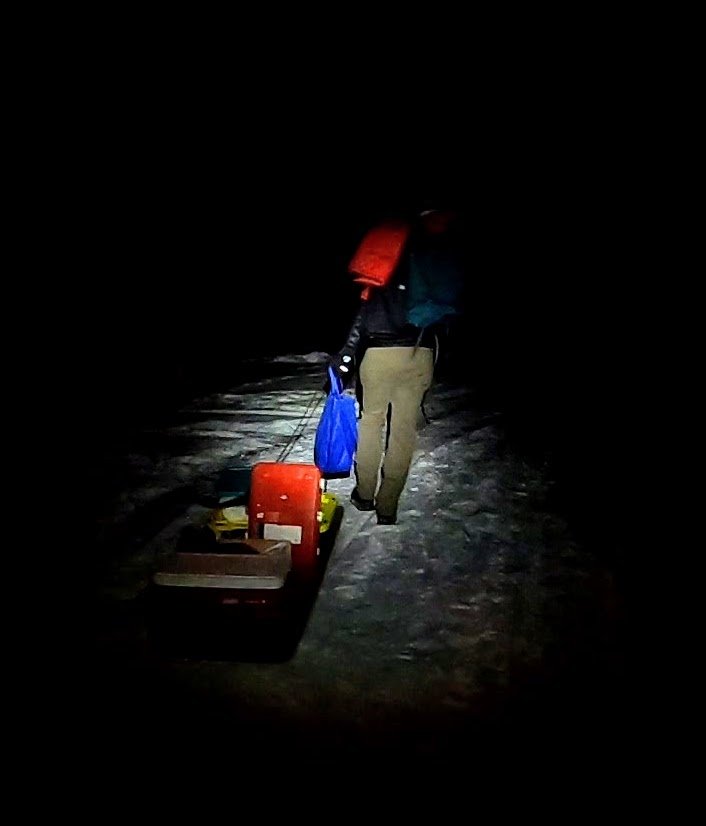The trek at night to the cabin