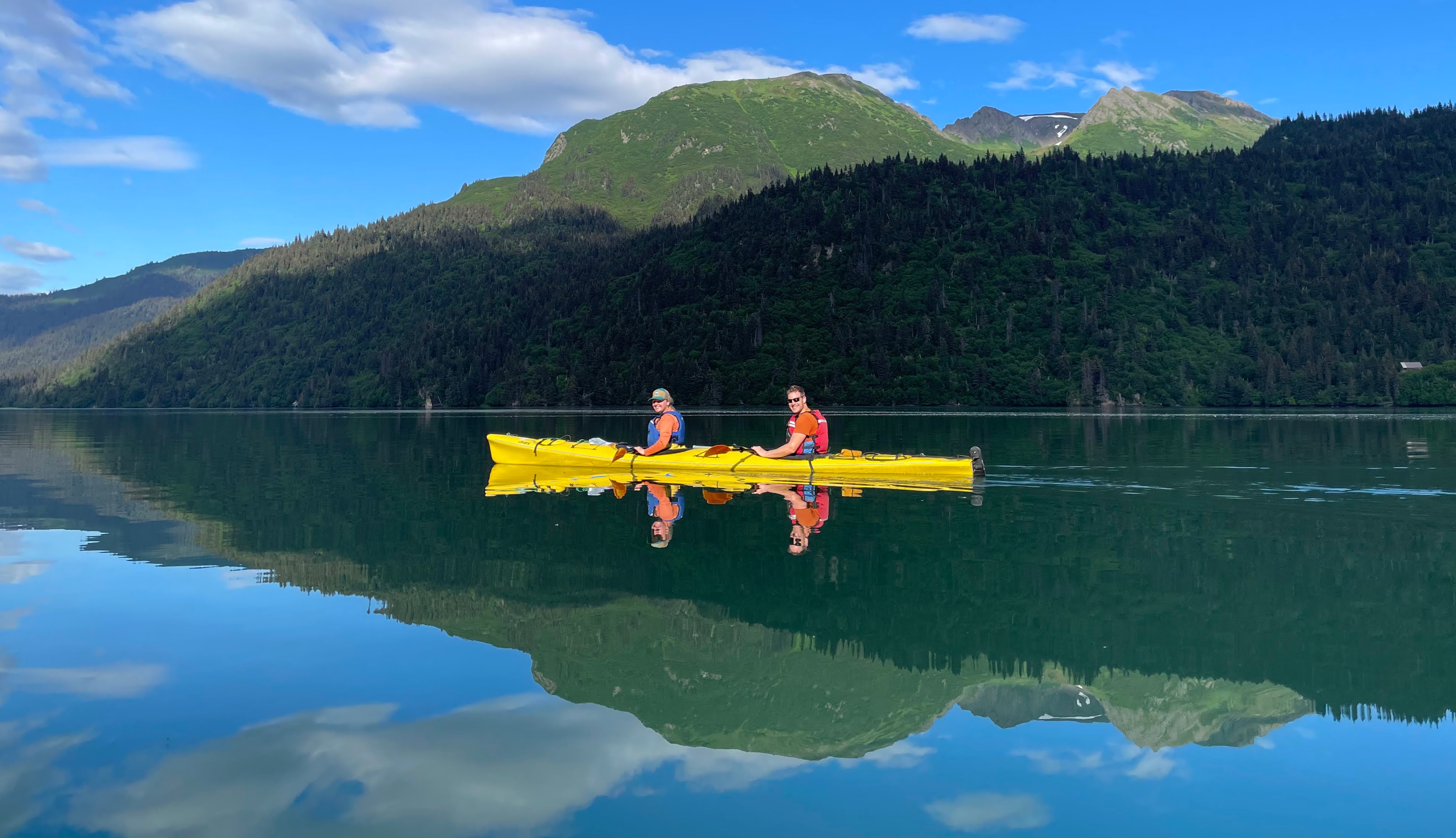 tandem kayakers on Grewink Lake, photo courtesy of Katie Petrin