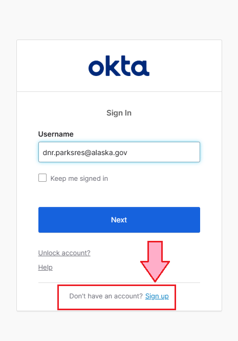 screenshot of the login page, pointing out the section that says sign up