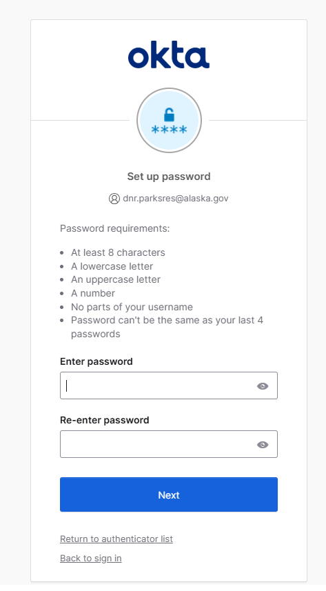 screenshot of the password setup page