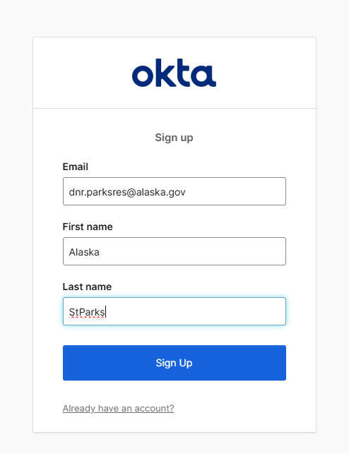 screenshot of the sign up page