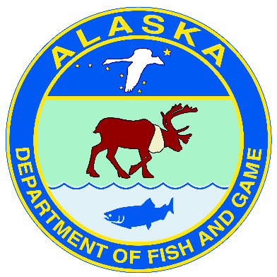 State of Alaska Department of Fish and Game Logo with top third containing flying goose silhouette with Alaska State Flag in background, center a caribou illustration, and bottom third a salmon illustration