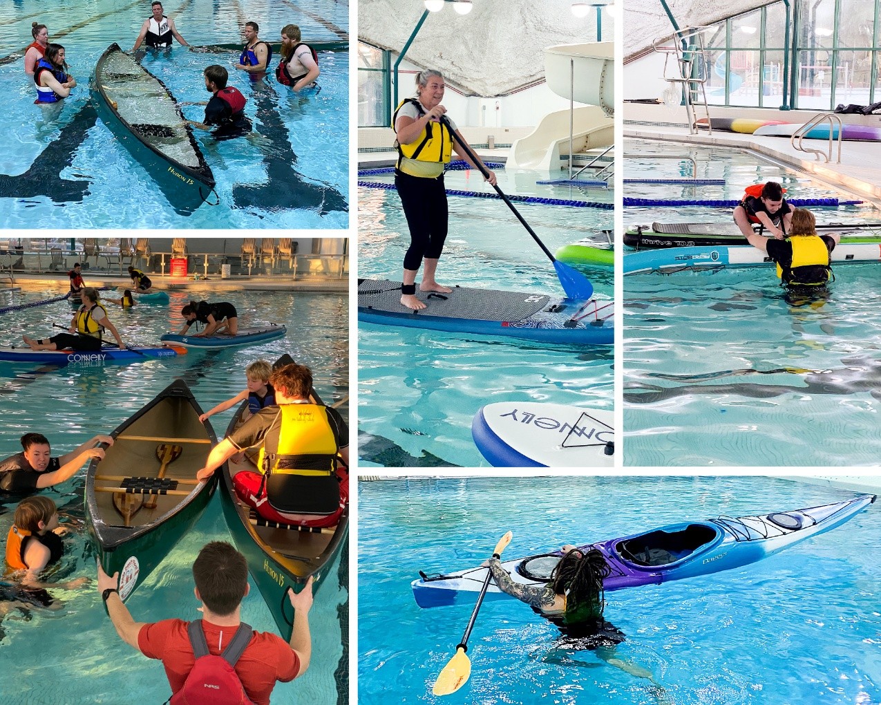 Various shots of cold water paddling classes taking place at an indoor pool, with kids, instructors, boats, and paddleboards.