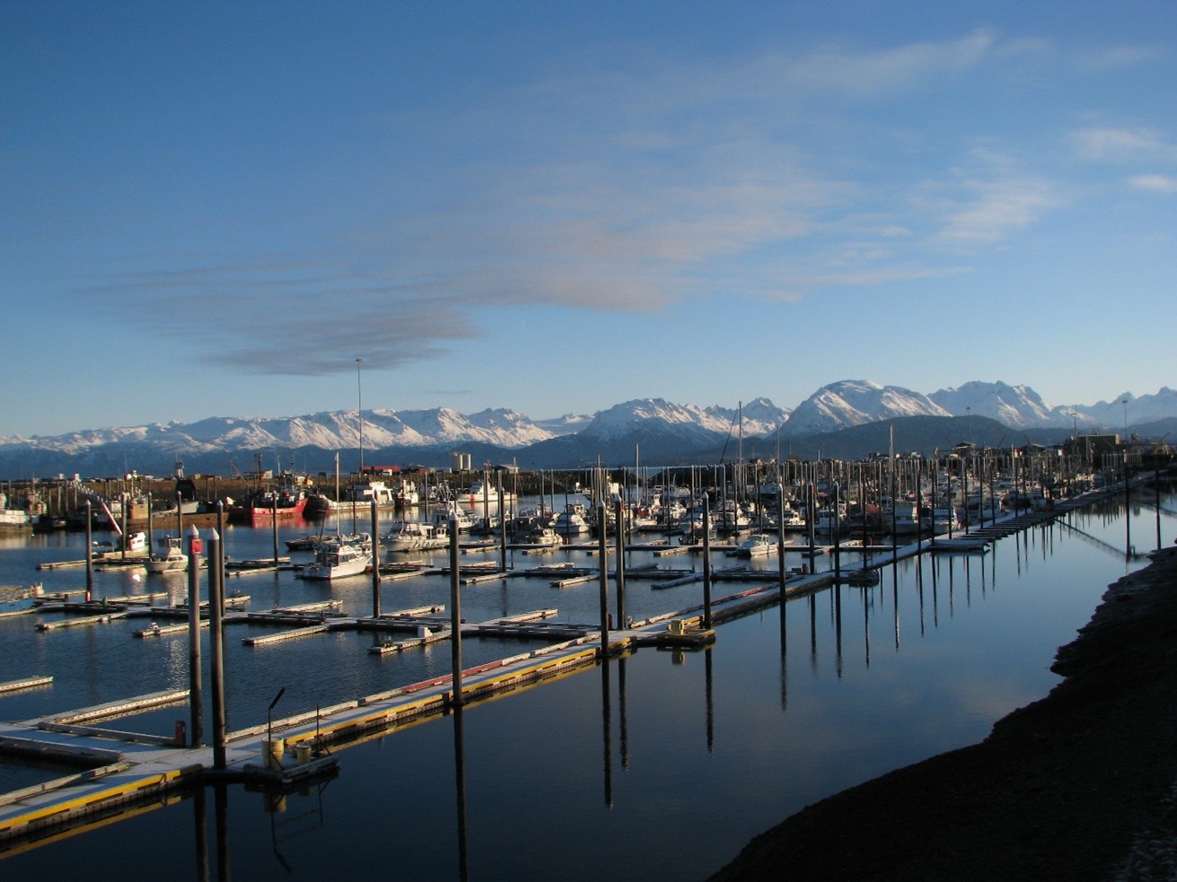 view of boat harbor with mountains in background