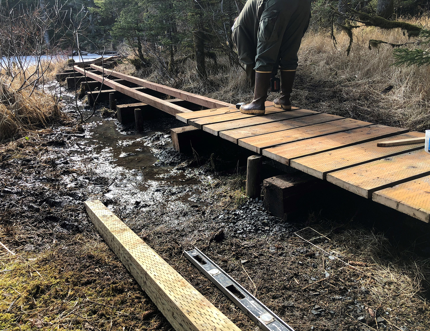 ACC working on trail boardwalk board installation