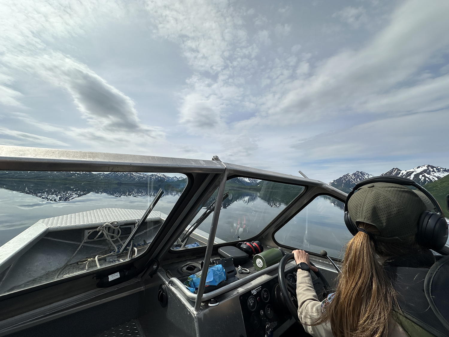 Onboard a small river boat on Lake Aleknagik