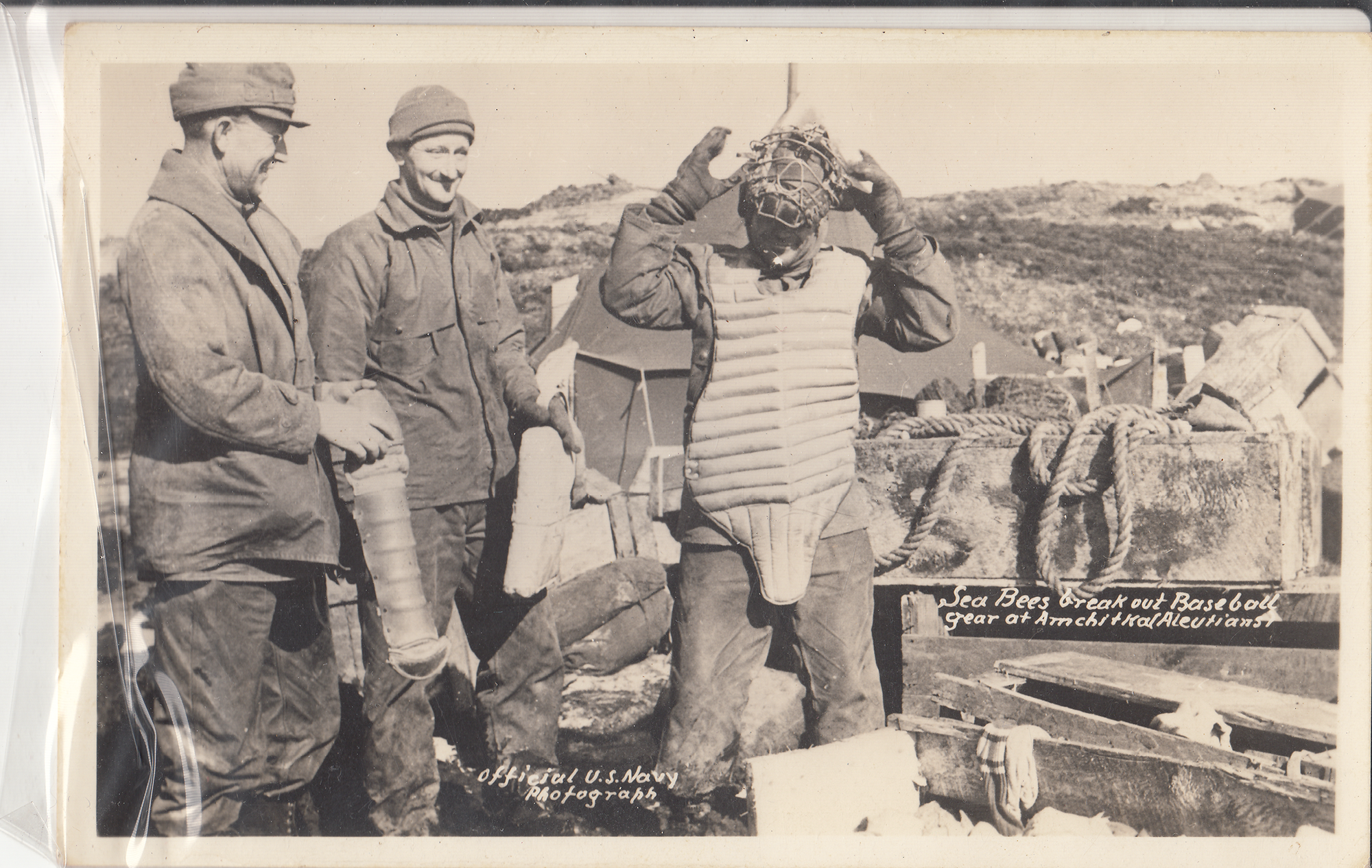 Sea Bees break out baseball gear at Amchitka, Aleutians, ca. 1943. Courtesy of Candy Waugaman.