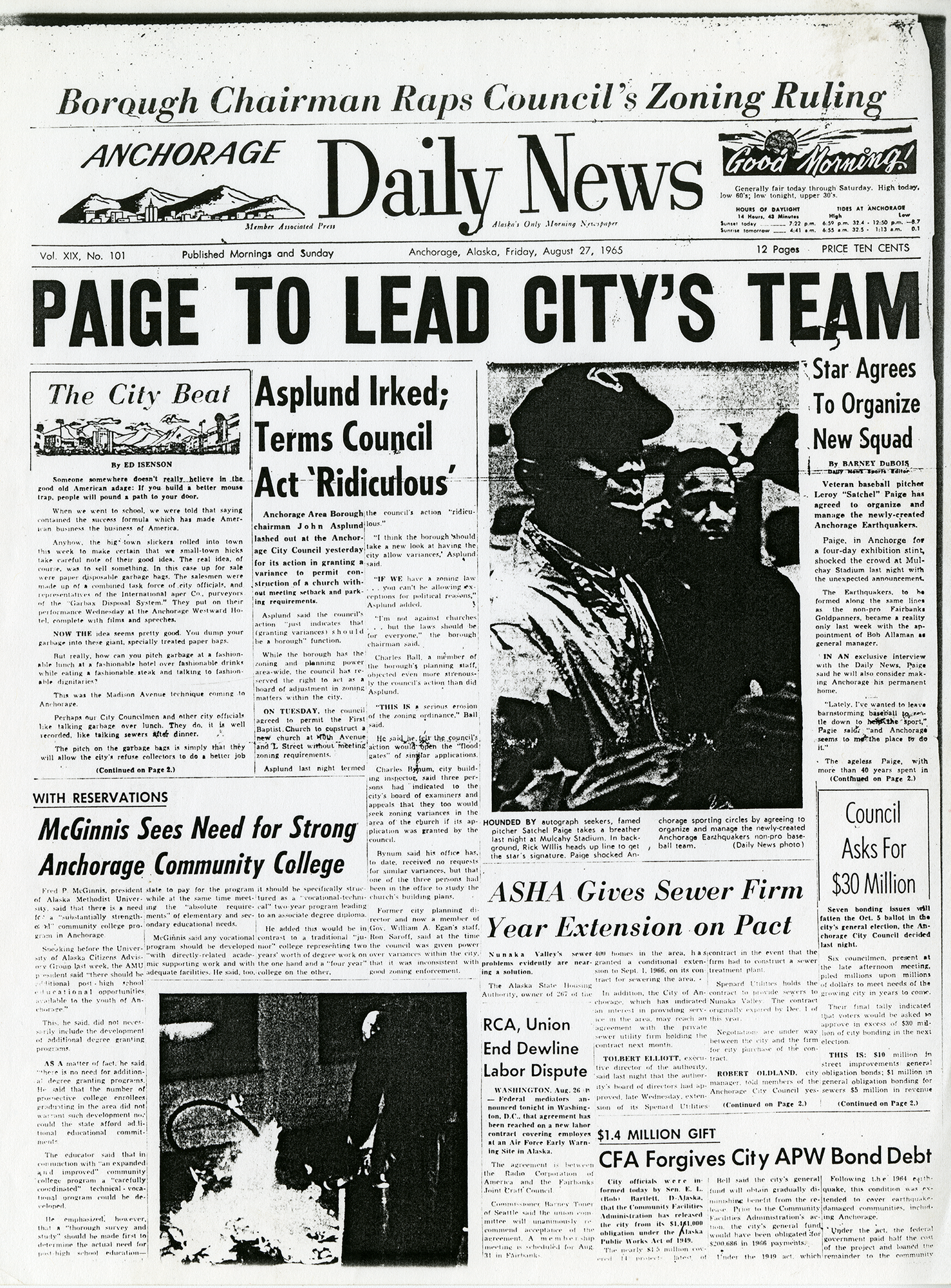 Paige to Lead City's Team, Anchorage Daily News, August 27, 1965.