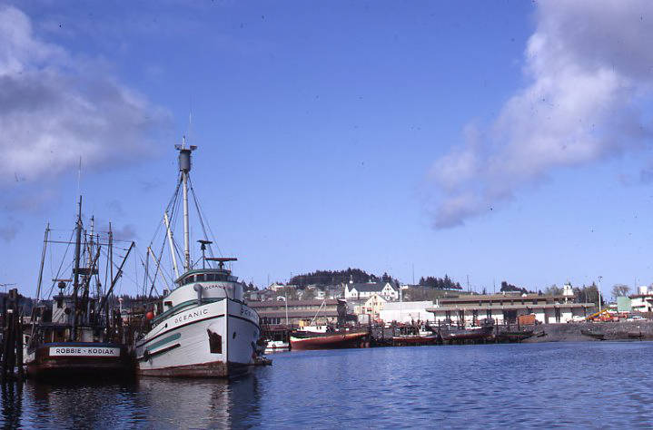 Kodiak's inner harbor, with vessels Robbie and Oceanic visible, taken in 1968. Image courtesy of Ruth A.M. Schmidt Papers, Archives and Special Collections, Consortium Library, University of Alaska Anchorage.