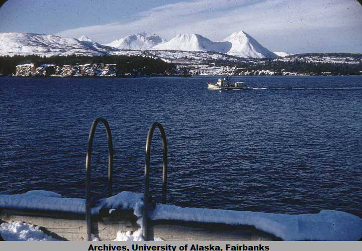 Photo taken in January 1956 by Arnold Granville, District Supervisor for the Alaska Department of Edu-cation. Taken across from Kodiak on Woody Island; Courtesy of University of Alaska Fairbanks, Alaska and Polar Regions Collections, Arnold Granville Photographs, UAF-1991-18-288.