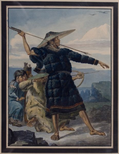 A full-body portrait done by M. Tikhanov, titled Aleut in festive attire demonstrates hunting methods, 1818, courtesy of OHA Project, Envisioning Alaska: Artistic Legacy of Russian America.