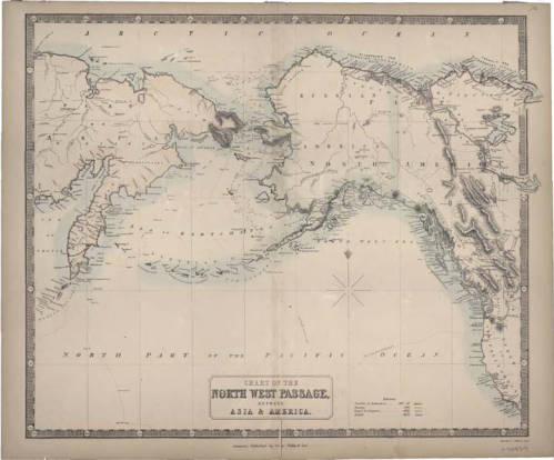 A 19th-century map of the Alaska, Russian Far East, and western Canada, captioned Chart of the Northwest Passage between Asia and America, courtesy of University of Alaska Fairbanks, Alaska and Polar Regions Collections, Rare Maps Collections, UAF-M0593.