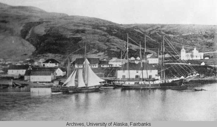 Kodiak waterfront circa 1893, with Russian Magazin in the center, and the Russian Orthodox Church visible on the far right. Image courtesy of University of Alaska Fairbanks, Alaska and Polar Regions Collec-tions, W.F. Erskine Collection, UAF-1970-28-418.