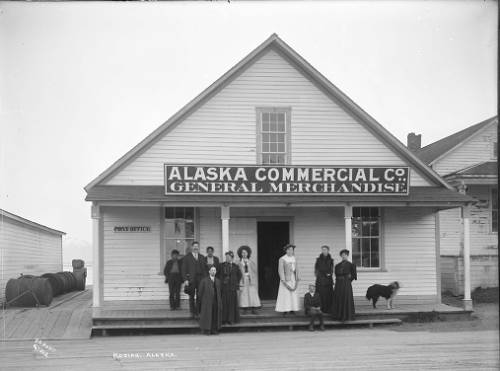 A group of people standing in front of the Alaska Commercial Company storefront in Kodiak, taken circa 1890. The ACC took over may of the governing duties from the RAC. Image courtesy of University of Alaska Fairbanks, Alaska and Polar Regions Collections, Mary Whalen Collection, UAF-1975-84-691.