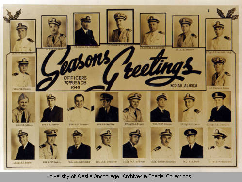 A composite photograph of soldiers who served in the 79th USN CB, taken in 1943, with the caption Seasons Greetings. Image courtesy of James R. Denison Scrapbook, Archives and Special Collections, Consortium Library, University of Alaska Anchorage.