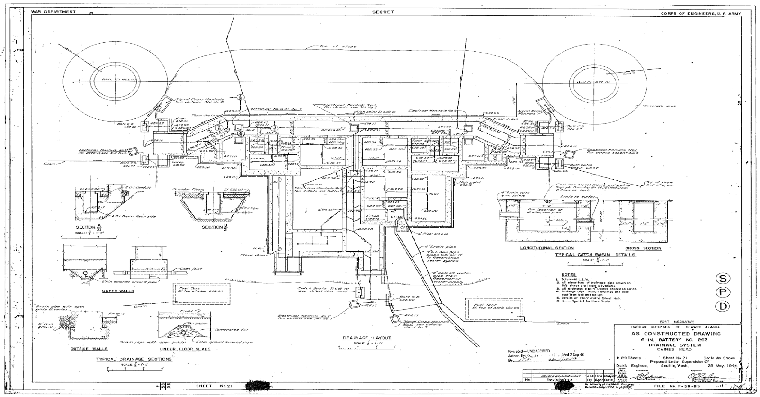 As-built drawing of Battery 293 and Drainage System illustrates the Army's engineering efforts at Caines Head. As Constructed Drawings U.S. Army Corps of Engineers, 1945