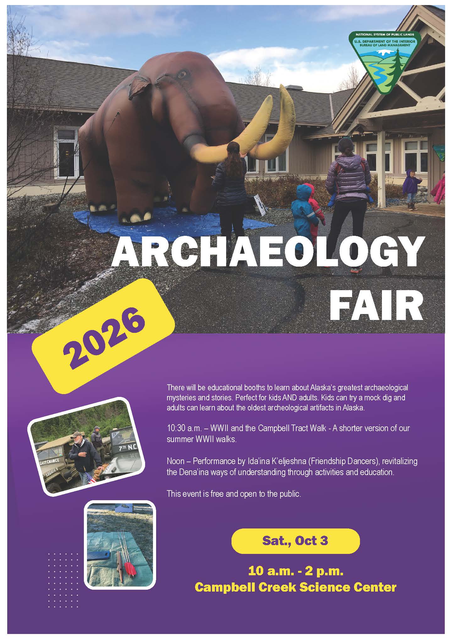 Archaeology Fair 2026 flyer, Saturday October 3, 2026 from 10:00am to 2:00pm at the Campbell Creek Science Center